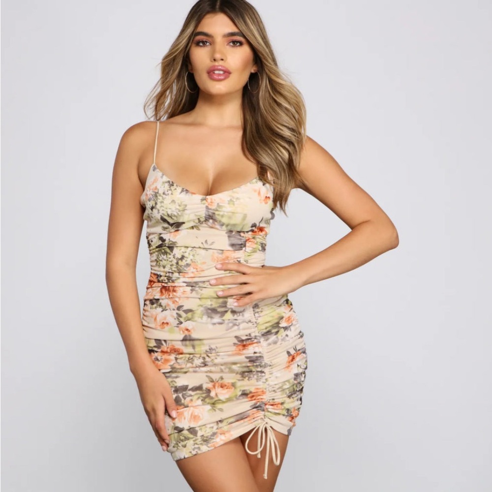 Mini express dress, beige with floral design